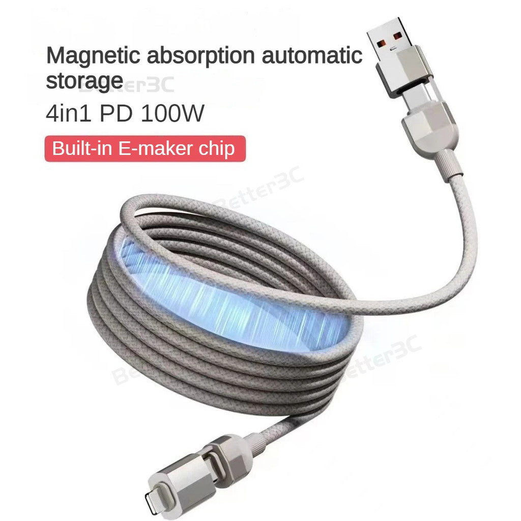 100W Magnetic 4 in 1 automatic storage weave car charger cable for ios/Type C