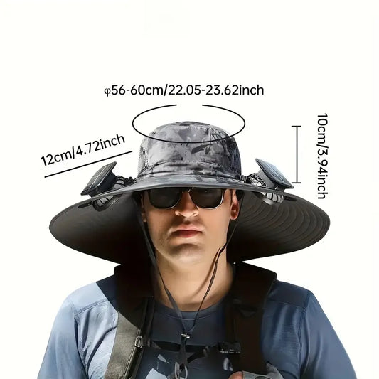 Outdoor Wide Brim Sun Hat with 2 Solar Fan Sun Bucket Hat for Men Women Bucket Fishing, Beach Hat with Fan Built in