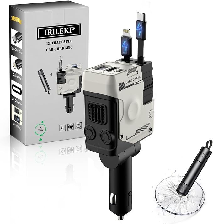 Retractable Car Charger 4 in 1 Ultra Fast with 2 Retractable Cables