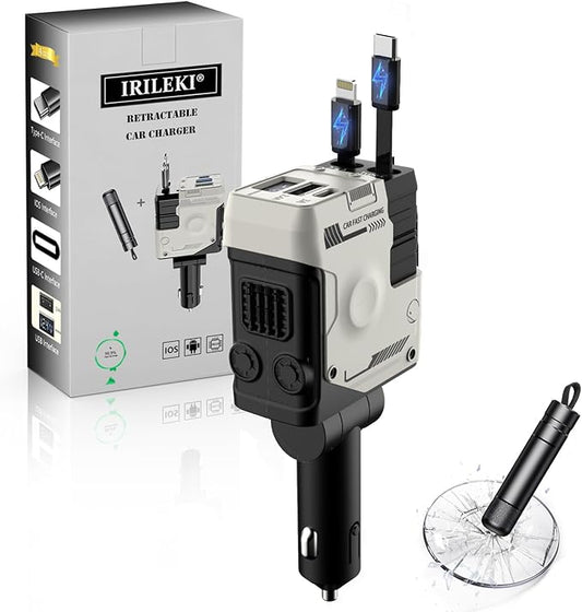 Retractable Car Charger 4 in 1 Ultra Fast with 2 Retractable Cables